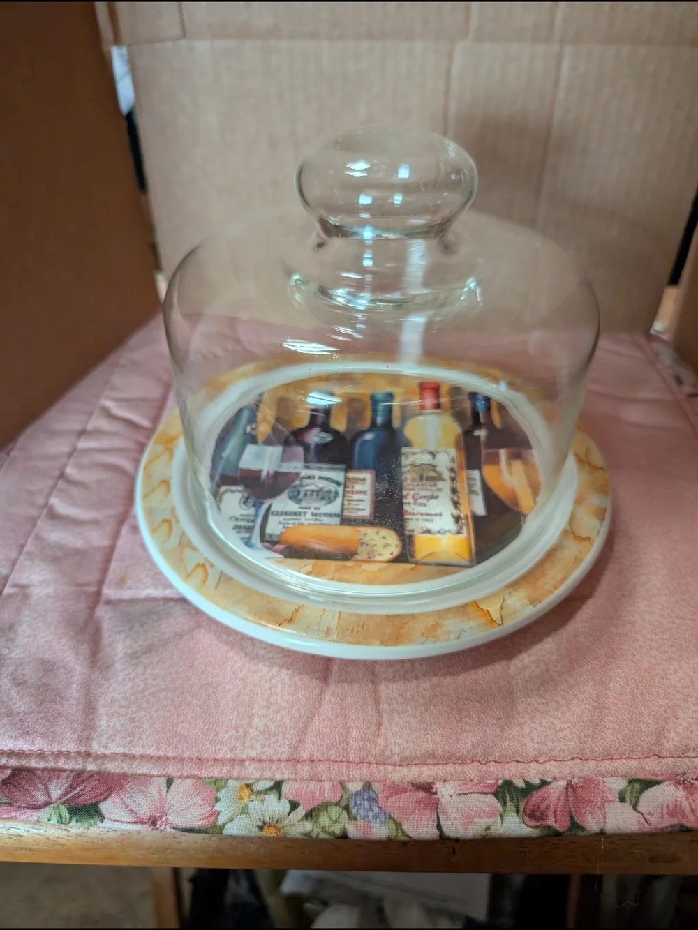 Clear Glass Dome Cake Stand with Wine Bottle Décor